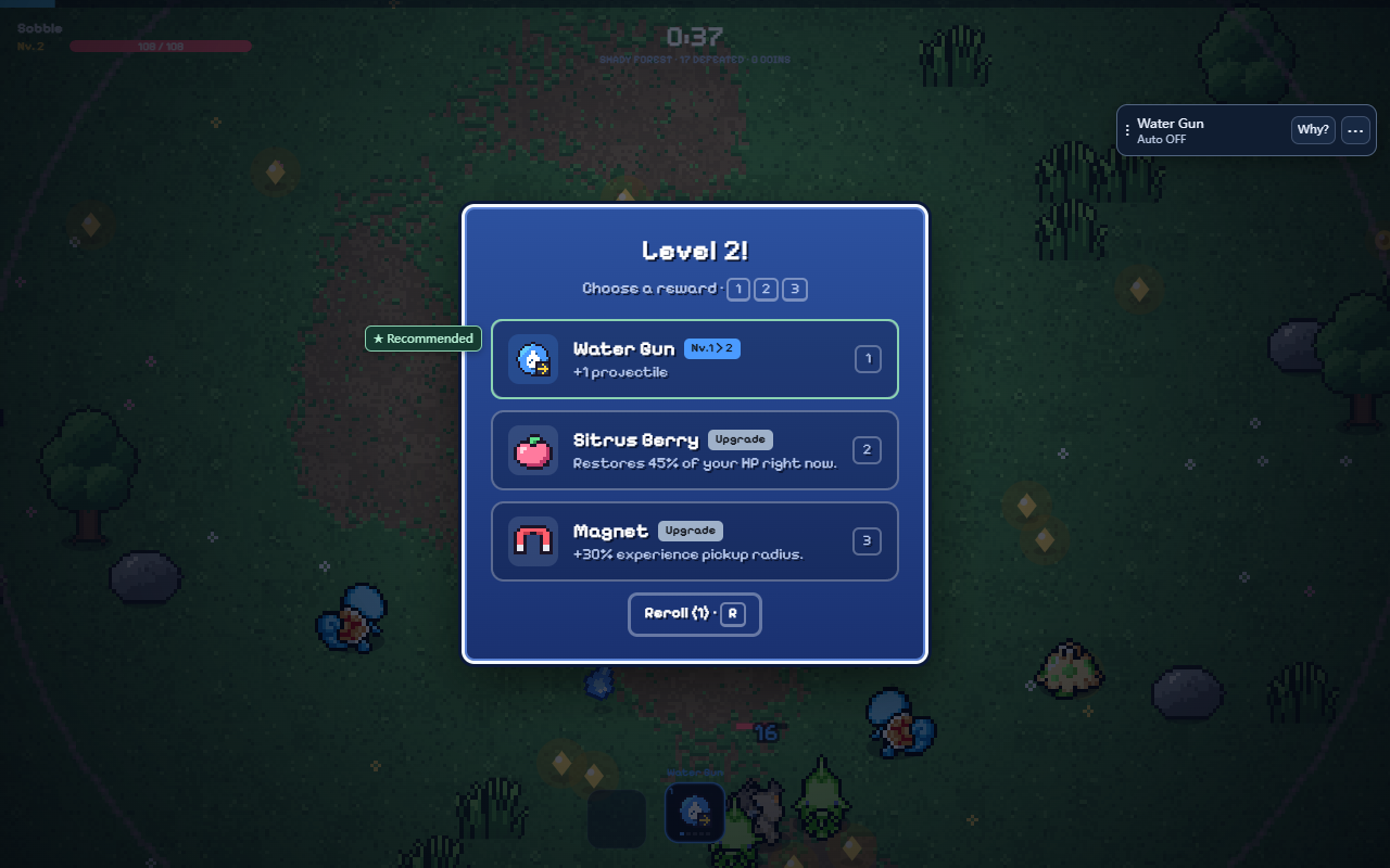 A real level-up choice: Water Gun is marked Recommended while the other original game cards remain selectable.