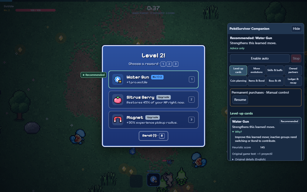 Companion's expanded eight-tool panel explains the current Water Gun recommendation, with Advice only and Enable auto visible.